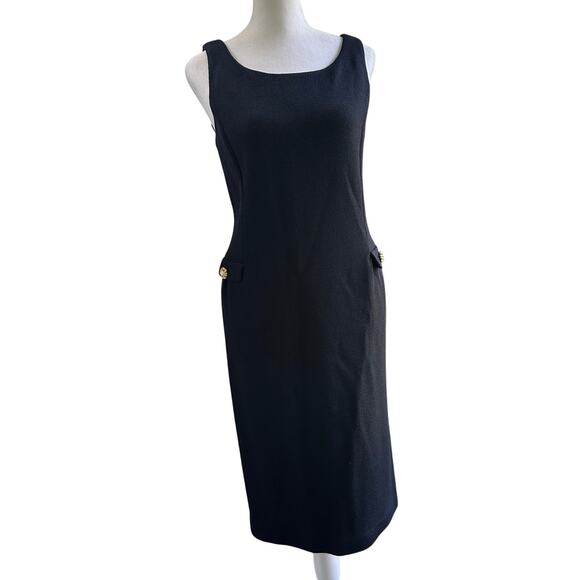 St. John Couture Sz 6 Medium Santana Knit Knee Elegant Sheath Dress Gold Button - Picture 1 of 11